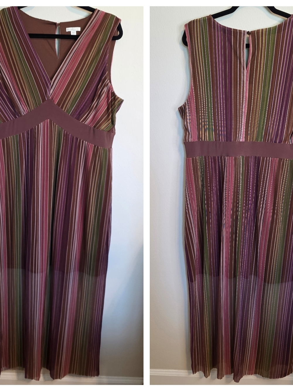 Sleeveless V-Neck Striped Maxi Dress in Mauve and Olive